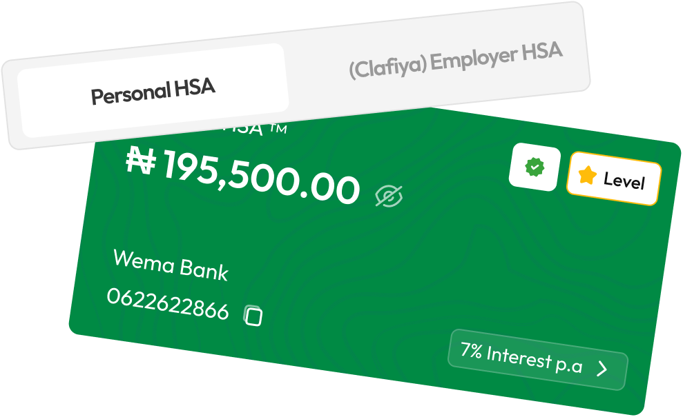 HSA Wallet card showing balance of ₦195,500.00 with Wema Bank details