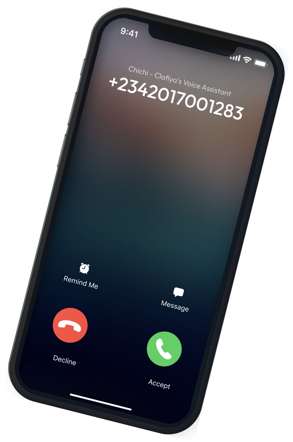 iPhone showing incoming call from ChiChi - Clafiya's Voice Assistant